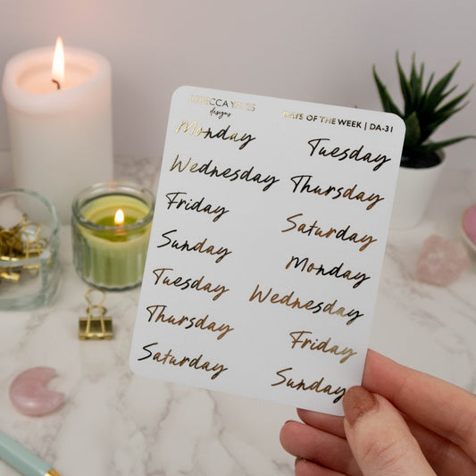 Foiled planner stickers with days of the week to use in your planner or journal.