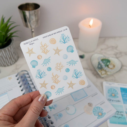 GOLD & BLUE SEA SHELLS - PLANNER STICKER SHEET
