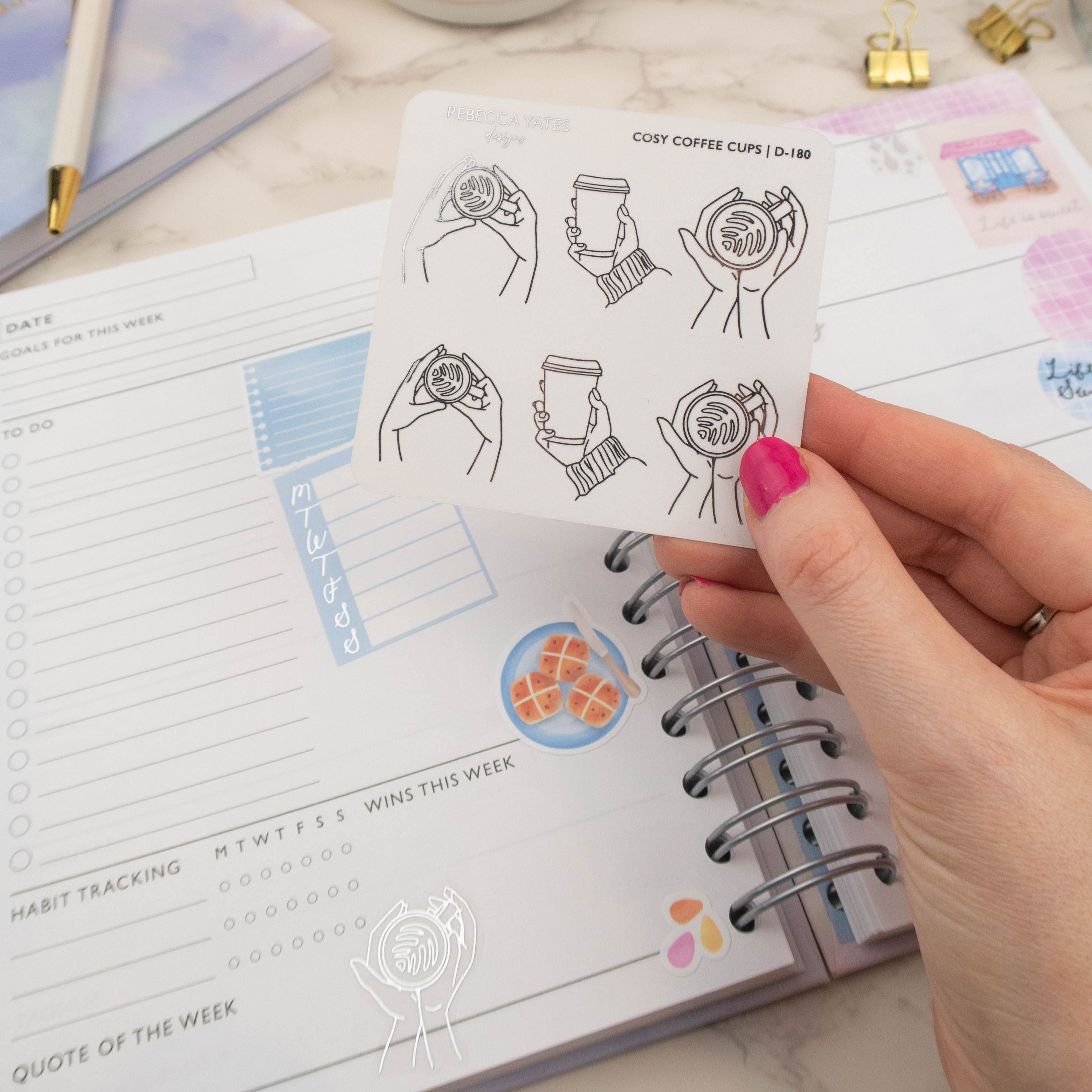 COSY COFFEE CUPS - FOILED STICKER SHEET - Rebecca Yates