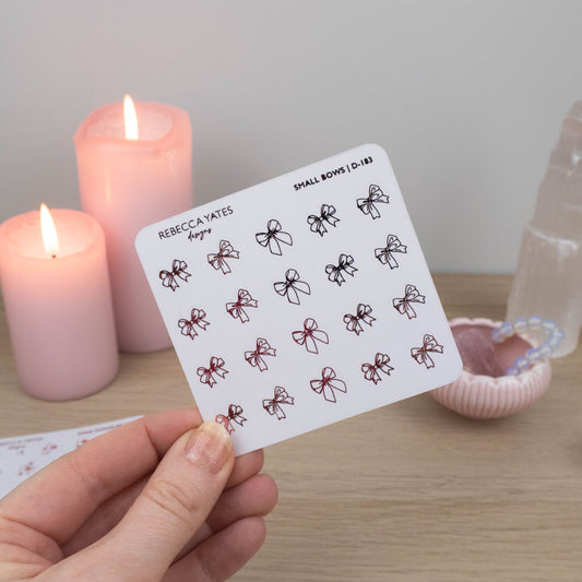 SMALL BOWS - FOILED STICKER SHEET - LTD ED PINK FOIL - Rebecca Yates