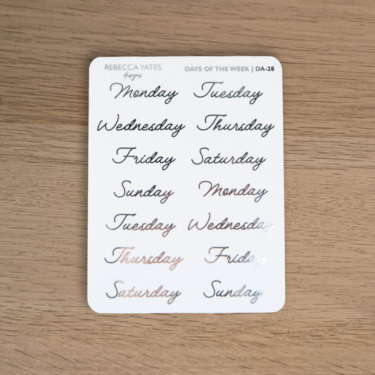 DAYS OF THE WEEK (NEW PAGES) - FOILED STICKER SHEET - Rebecca Yates