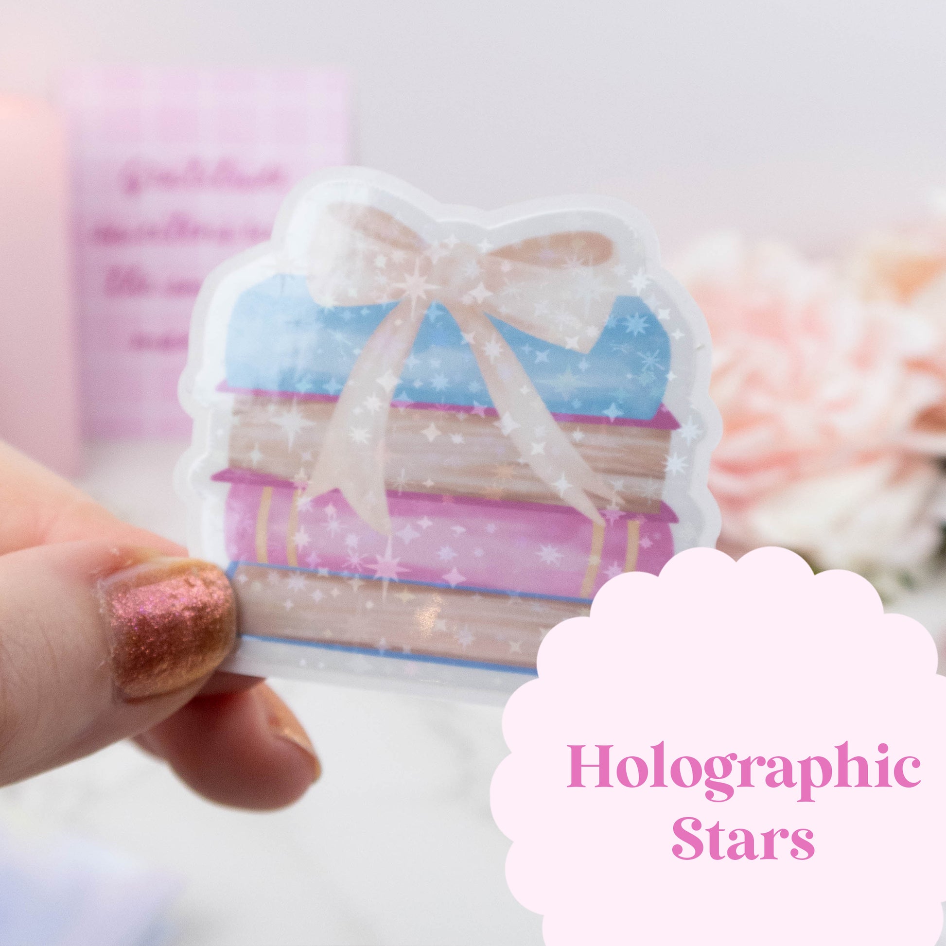 Holographic stars packaging held by a hand with a blurred background