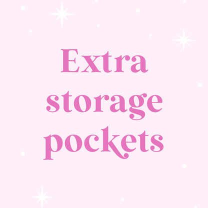 Text 'Extra storage pockets' on a pink background