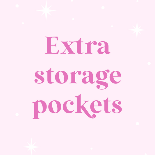 Text 'Extra storage pockets' on a pink background