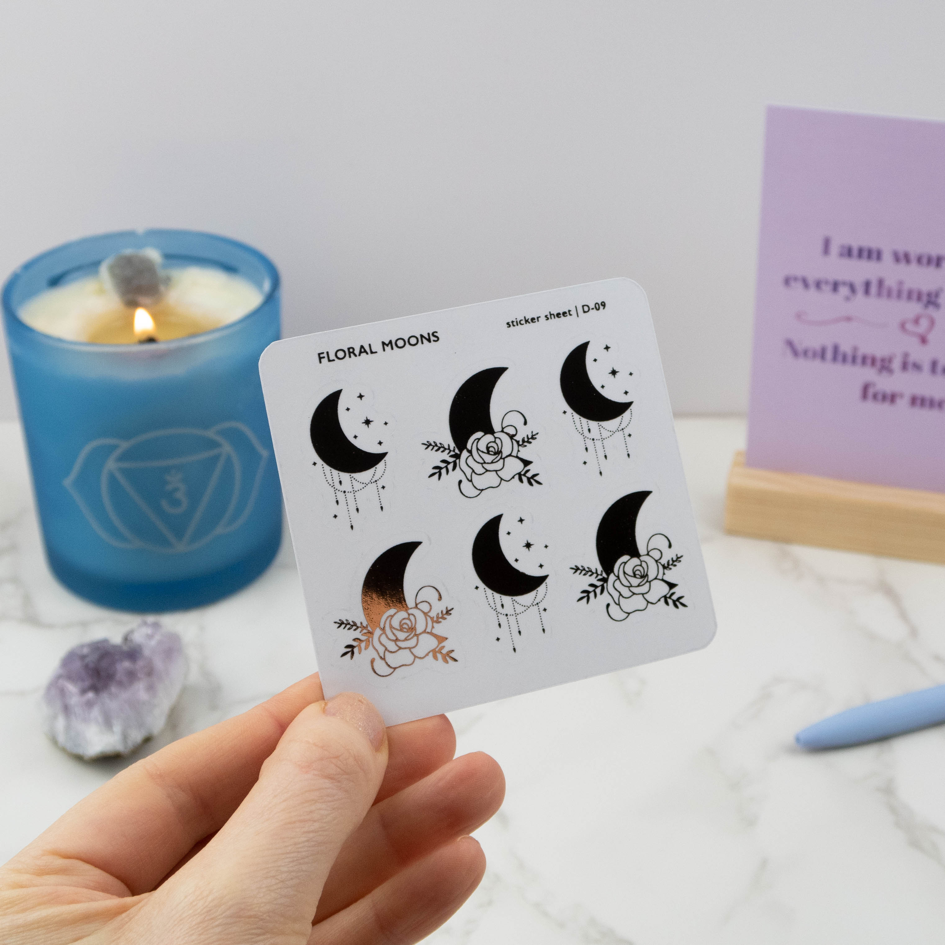 Foiled planner and journal stickers with a floral moon design. Available in three foil colours. 