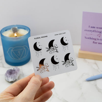 Foiled planner and journal stickers with a floral moon design. Available in three foil colours. 