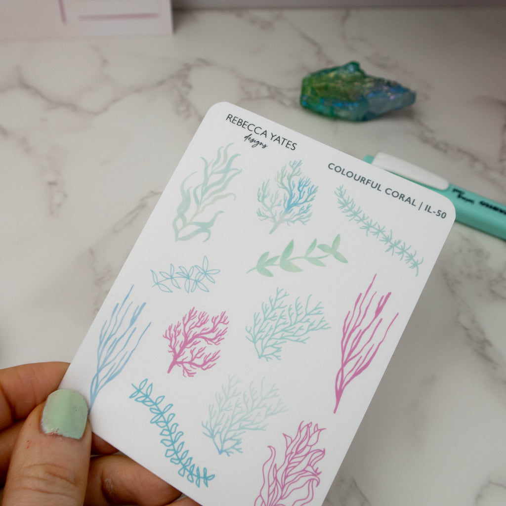 COLOURFUL CORAL - PLANNER STICKER SHEET (TRANSPARENT MATT PAPER) - Rebecca Yates