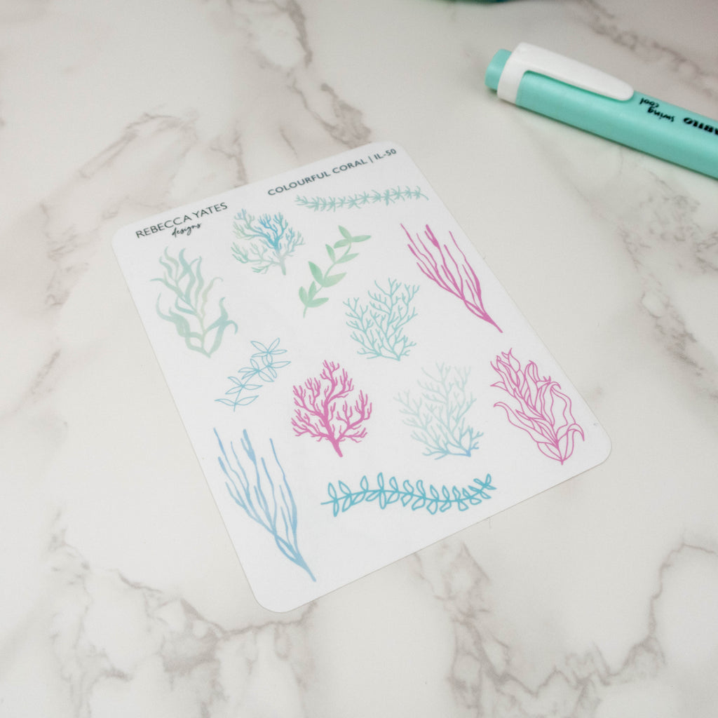 COLOURFUL CORAL - PLANNER STICKER SHEET (TRANSPARENT MATT PAPER) - Rebecca Yates