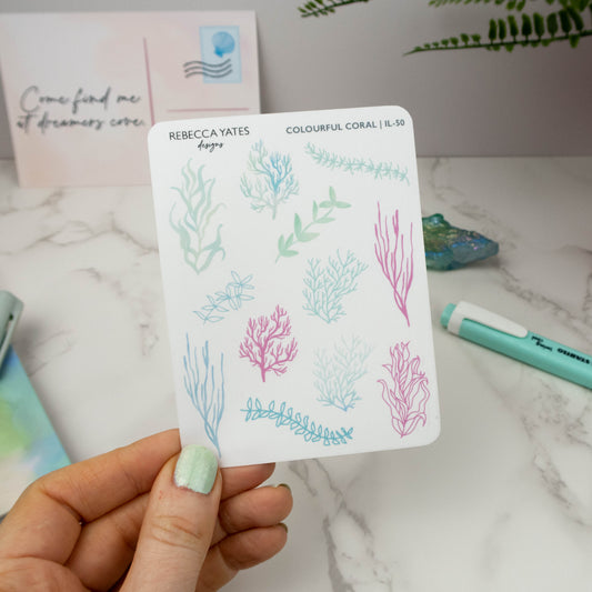 COLOURFUL CORAL - PLANNER STICKER SHEET (TRANSPARENT MATT PAPER) - Rebecca Yates