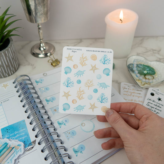 GOLD & BLUE SEA SHELLS - PLANNER STICKER SHEET