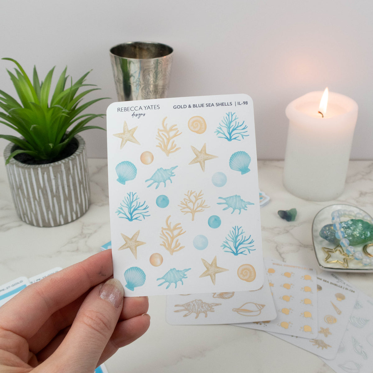 GOLD & BLUE SEA SHELLS - PLANNER STICKER SHEET - Rebecca Yates