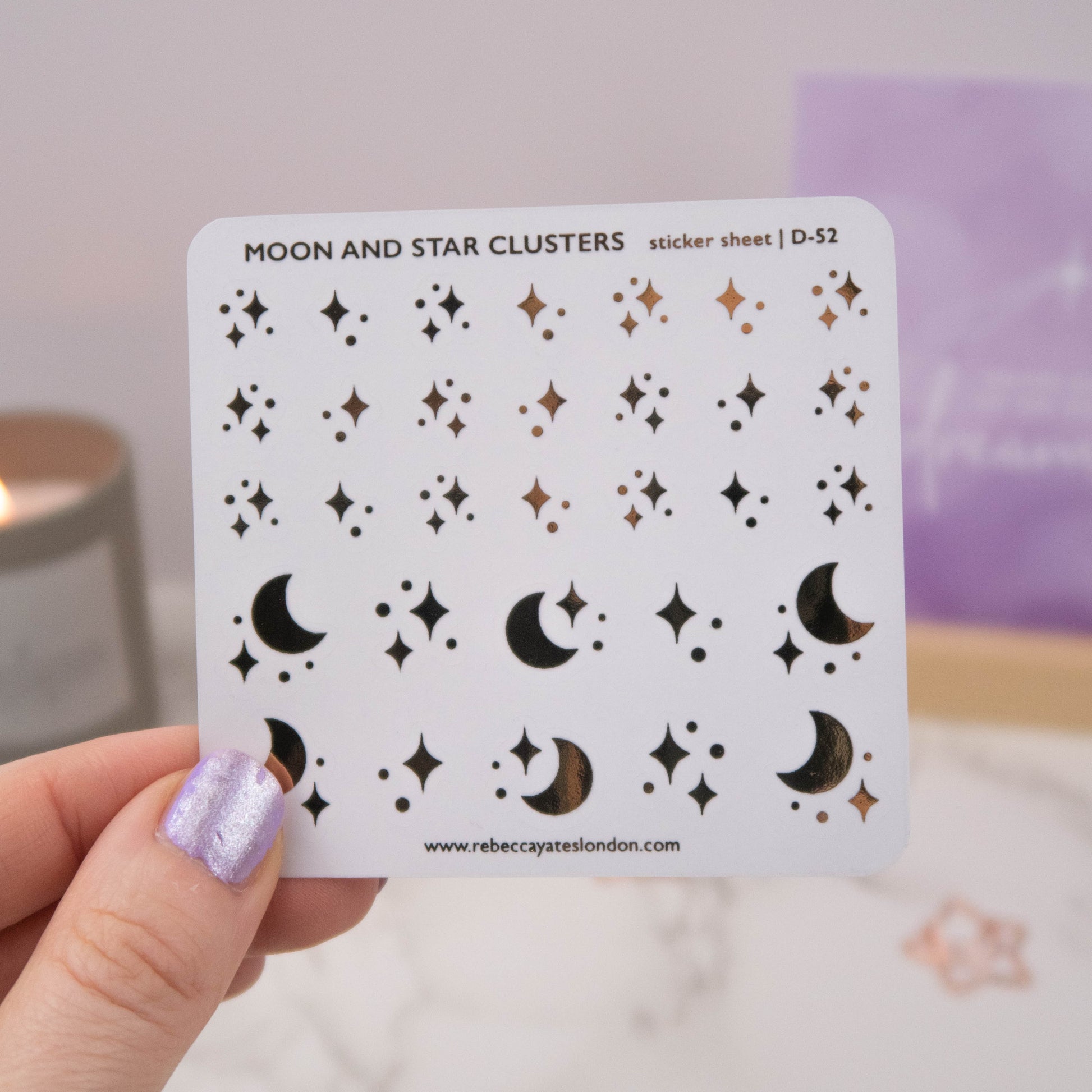 Moon and Stars Clusters Foiled Quotes Sticker Sheet featuring celestial designs with shimmering foil accents.