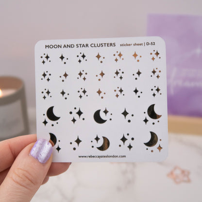 Moon and Stars Clusters Foiled Quotes Sticker Sheet featuring celestial designs with shimmering foil accents.