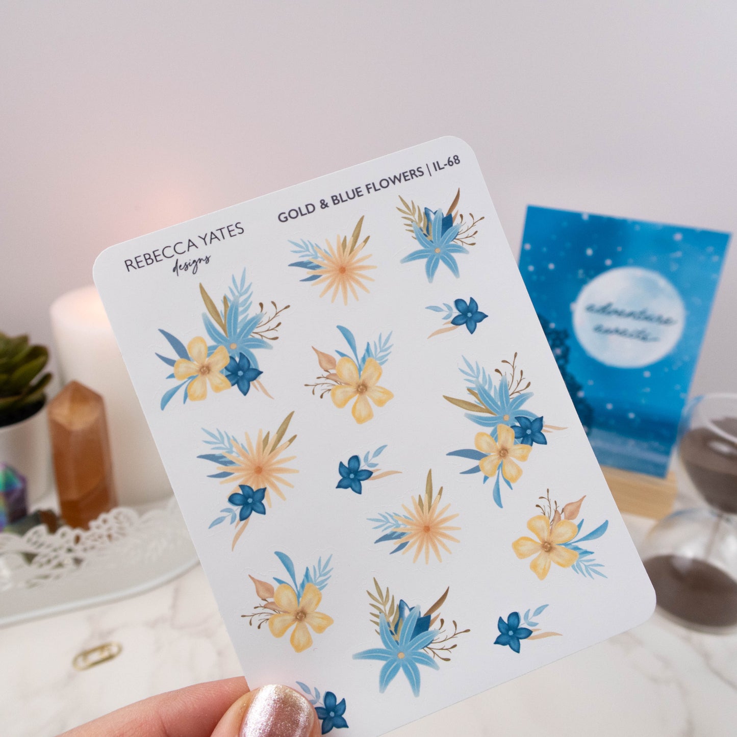 GOLD & BLUE FLOWERS - PLANNER STICKER SHEET