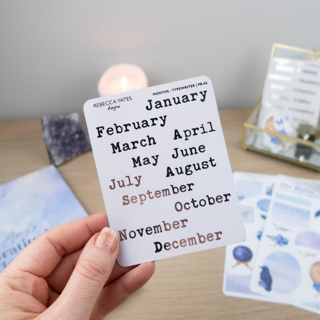 MONTHS - FOILED STICKER SHEET (TYPEWRITER) - Rebecca Yates