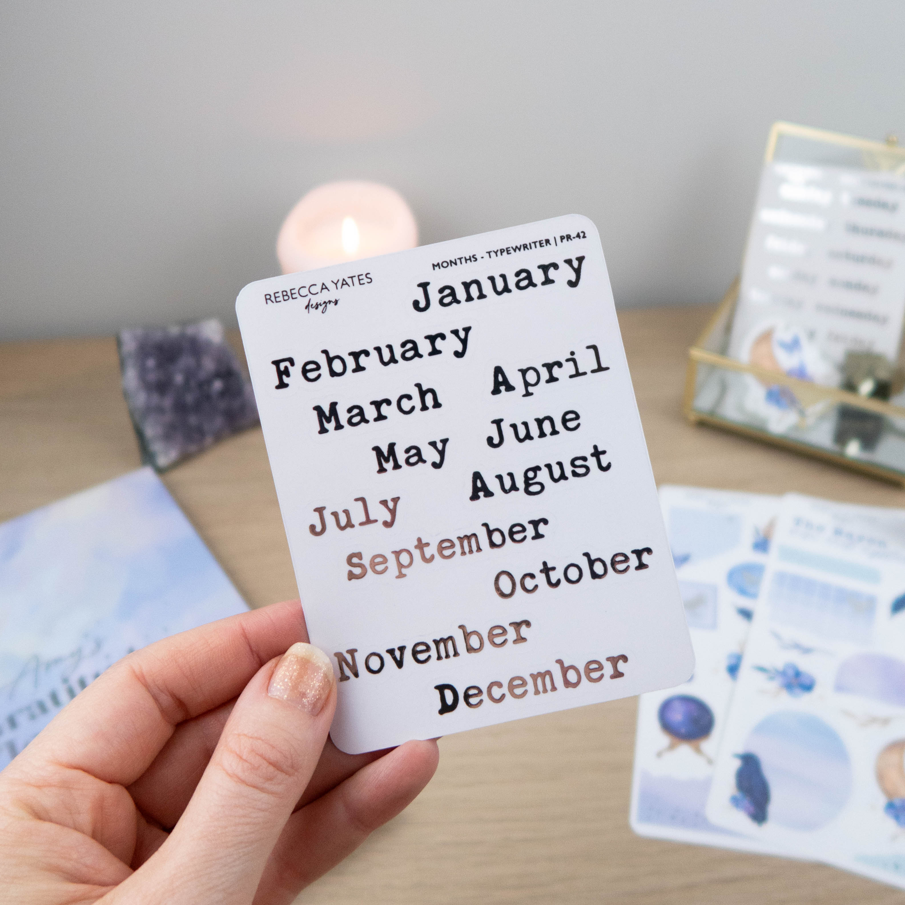 MONTHS - FOILED STICKER SHEET (TYPEWRITER) - Rebecca Yates