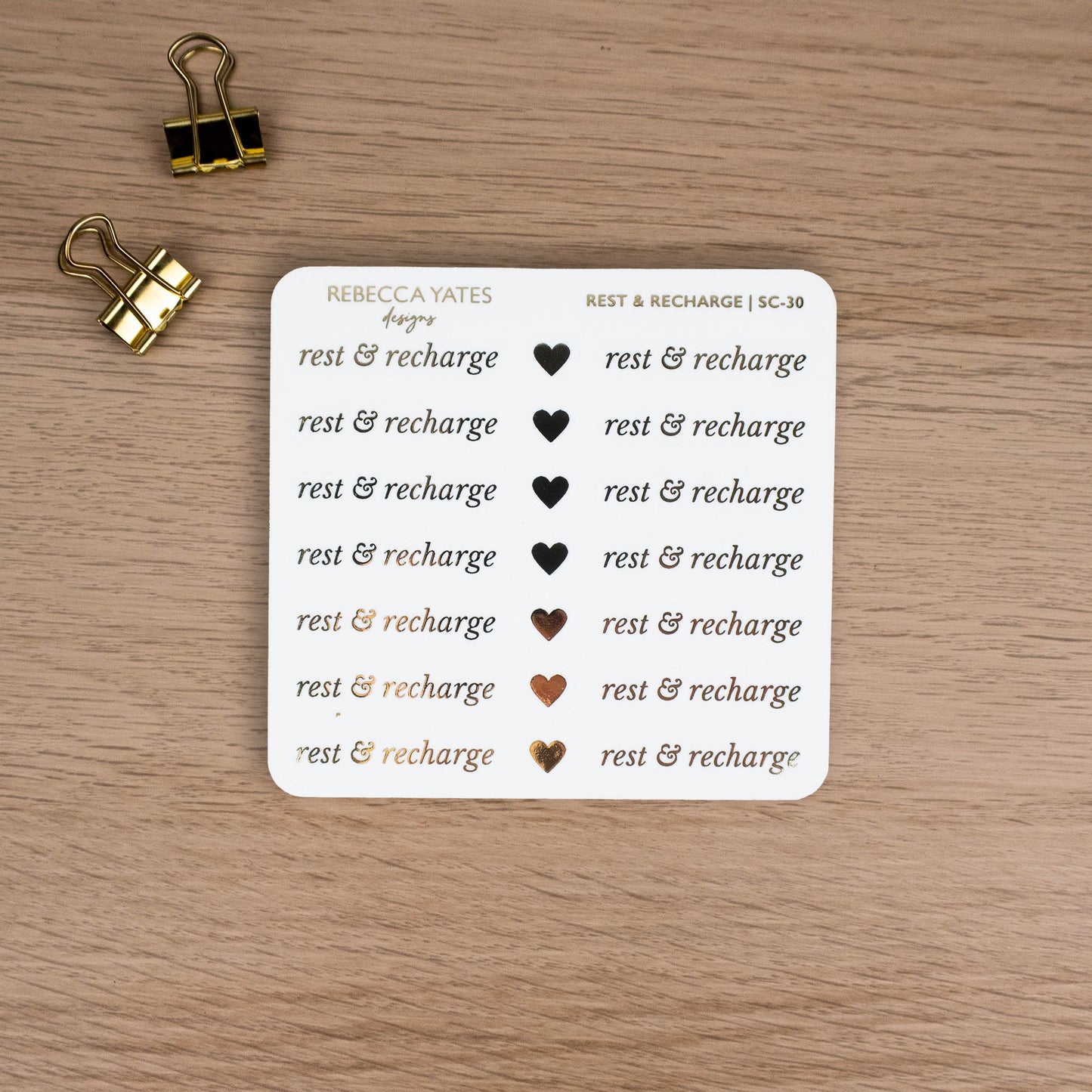 REST & RECHARGE - FOILED SCRIPT STICKERS - Rebecca Yates