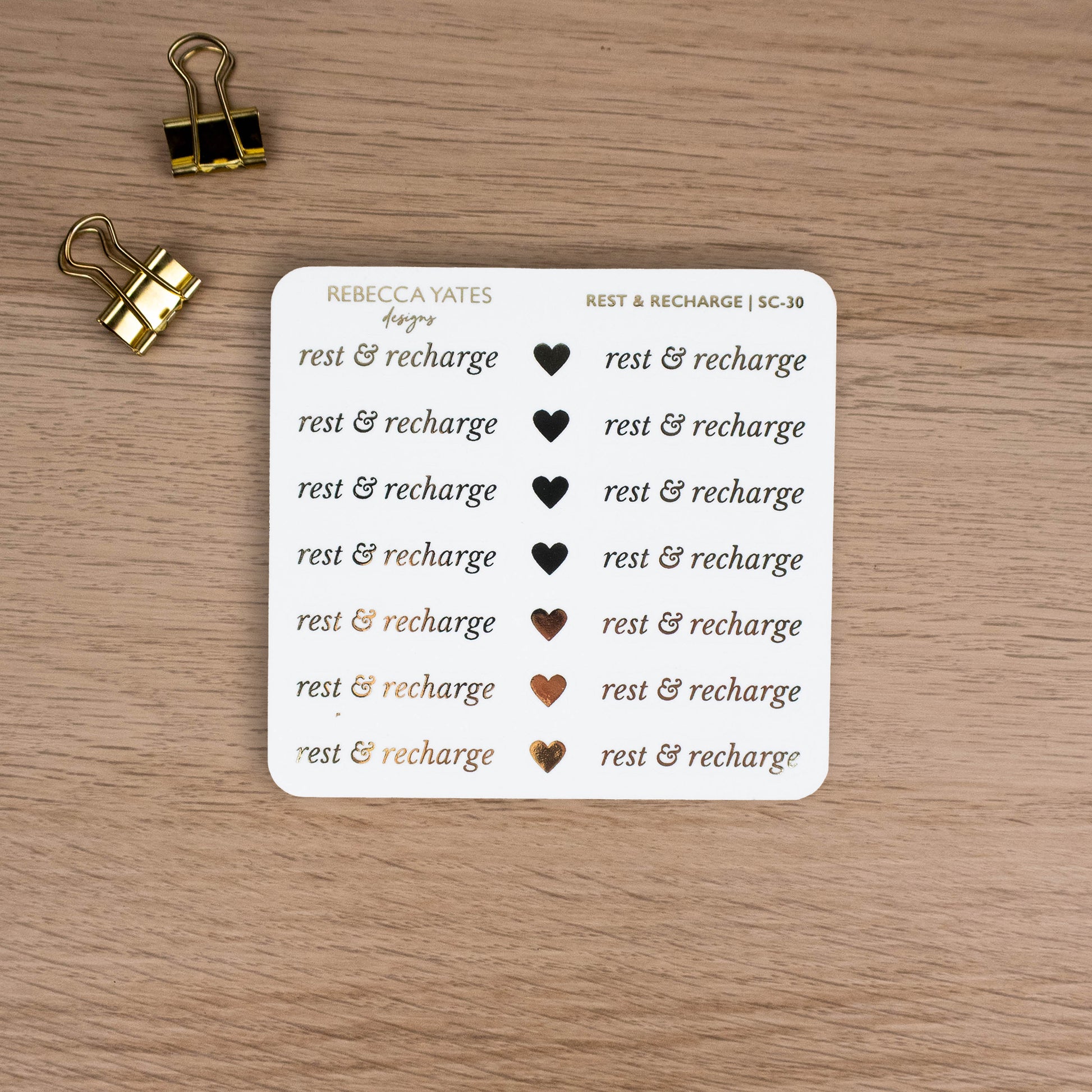 REST & RECHARGE - FOILED SCRIPT STICKERS - Rebecca Yates