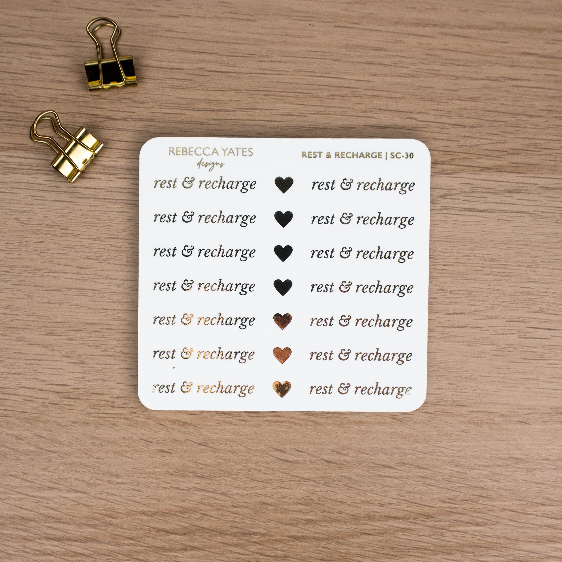 REST & RECHARGE - FOILED SCRIPT STICKERS - Rebecca Yates