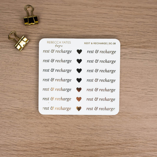 REST & RECHARGE - FOILED SCRIPT STICKERS - Rebecca Yates