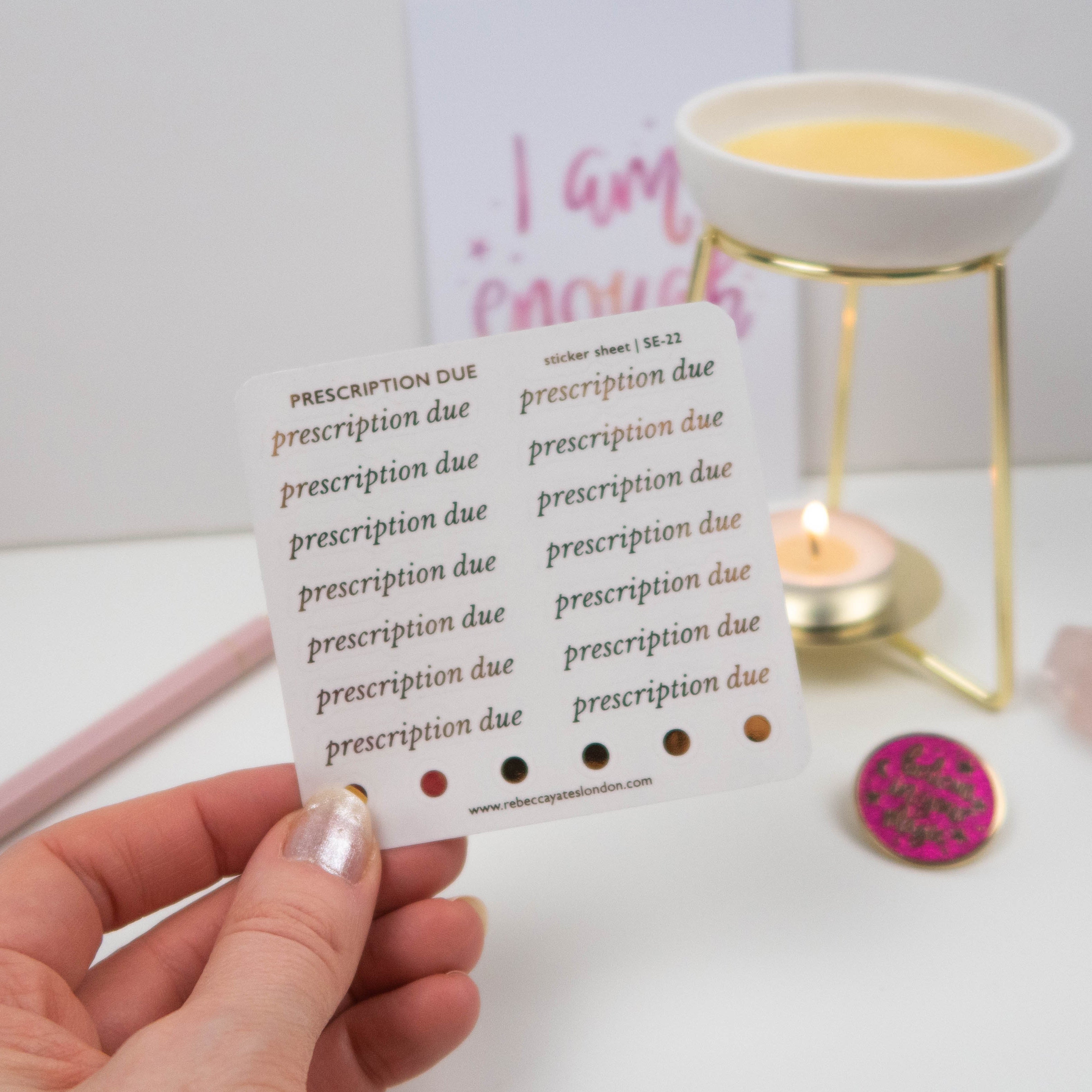PRESCRIPTION DUE - FOILED SCRIPT STICKERS - Rebecca Yates